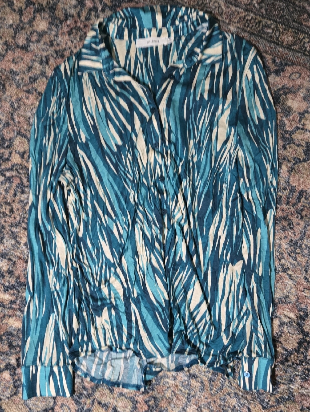 Button-Down Long Sleeve Shirt in Teal & Cream